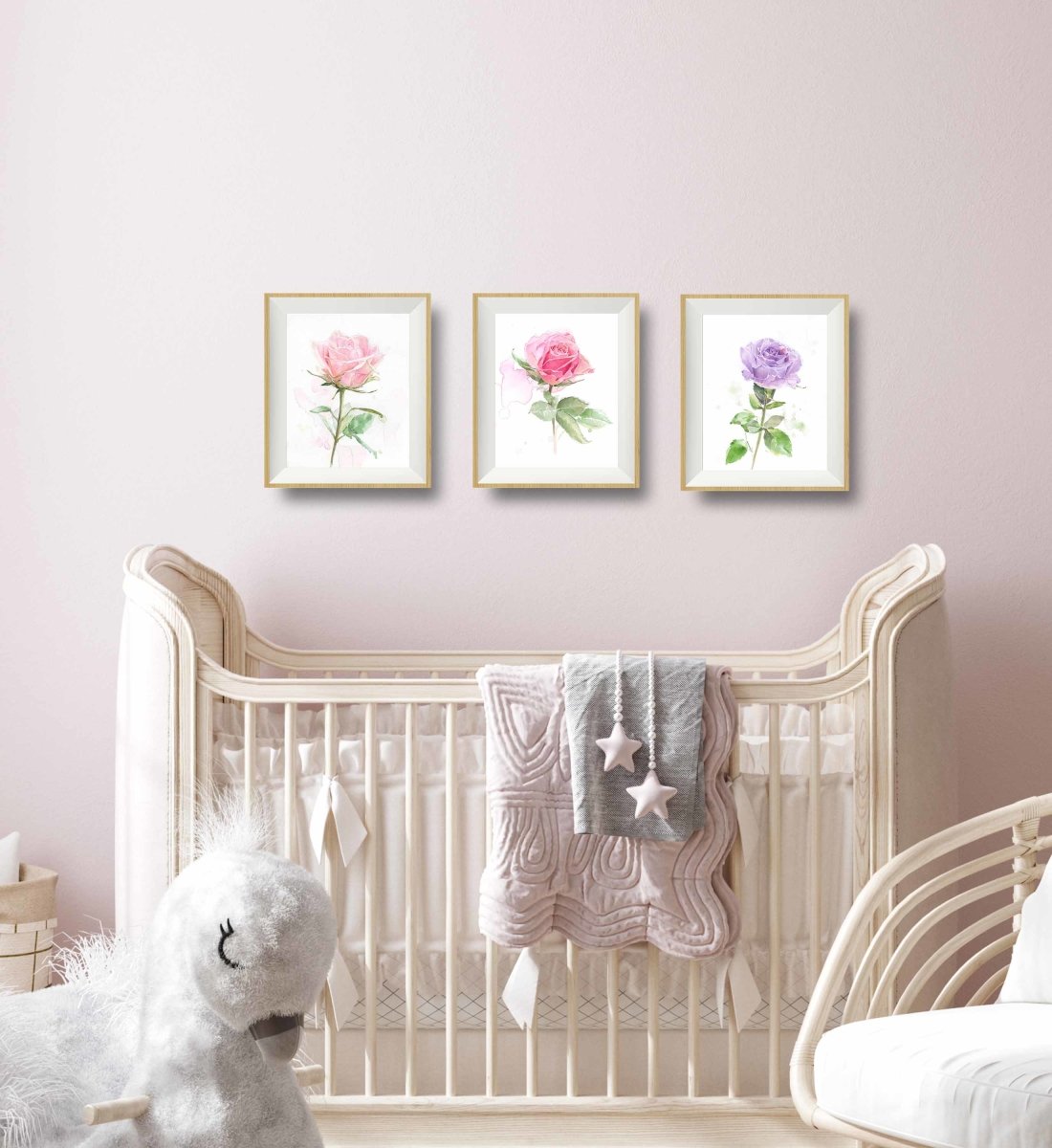 set of three rose art prints in babys room