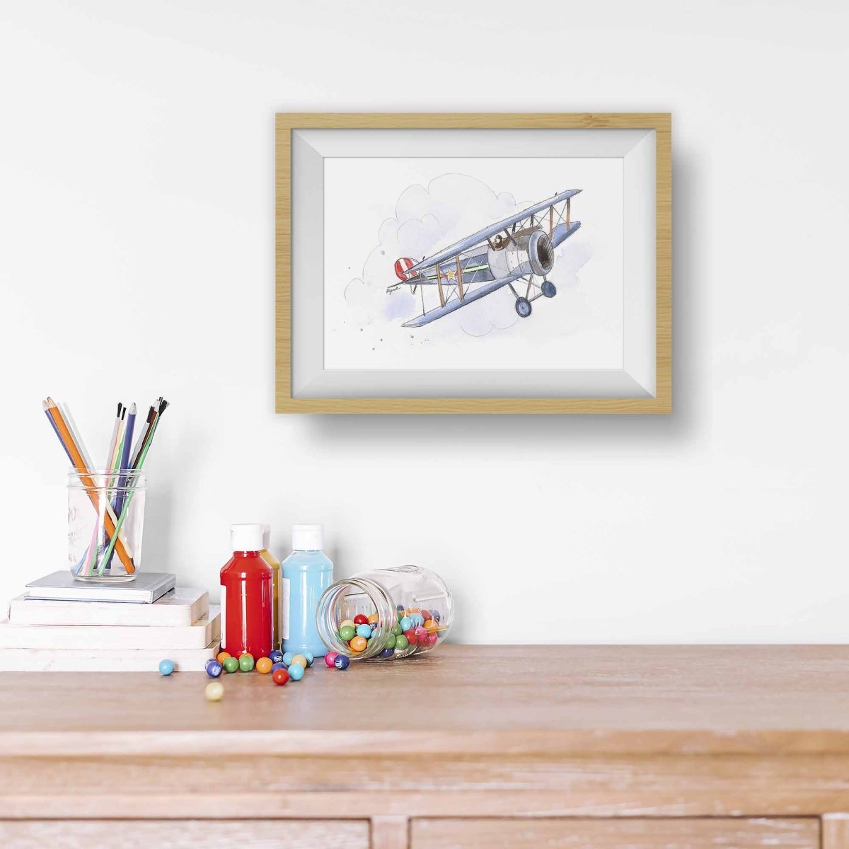 Blue Gray Red Biplane Print