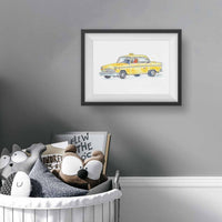 Thumbnail for black framed vintage yellow tax cab art print in kids bedroom