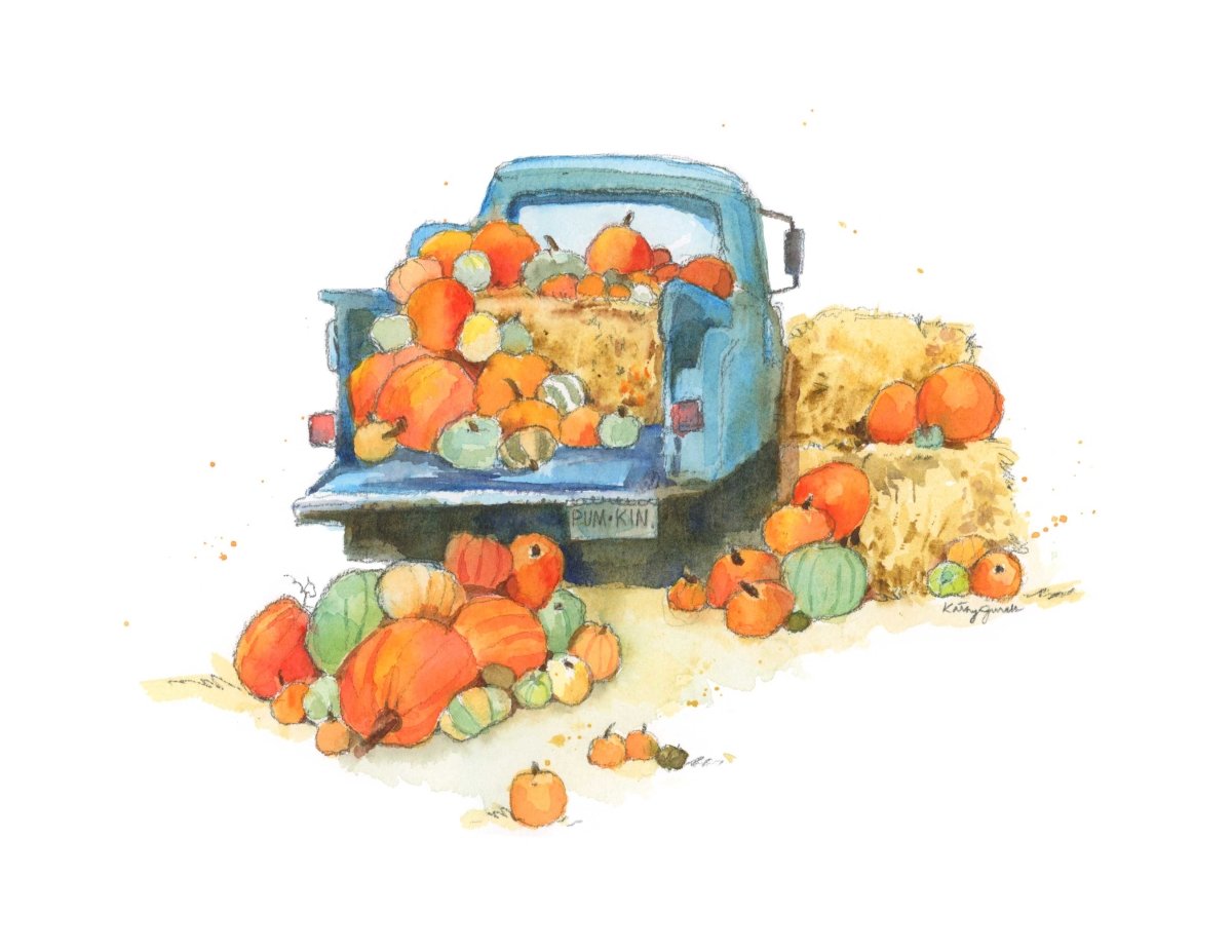 fall pickup truck with pumpkins art print