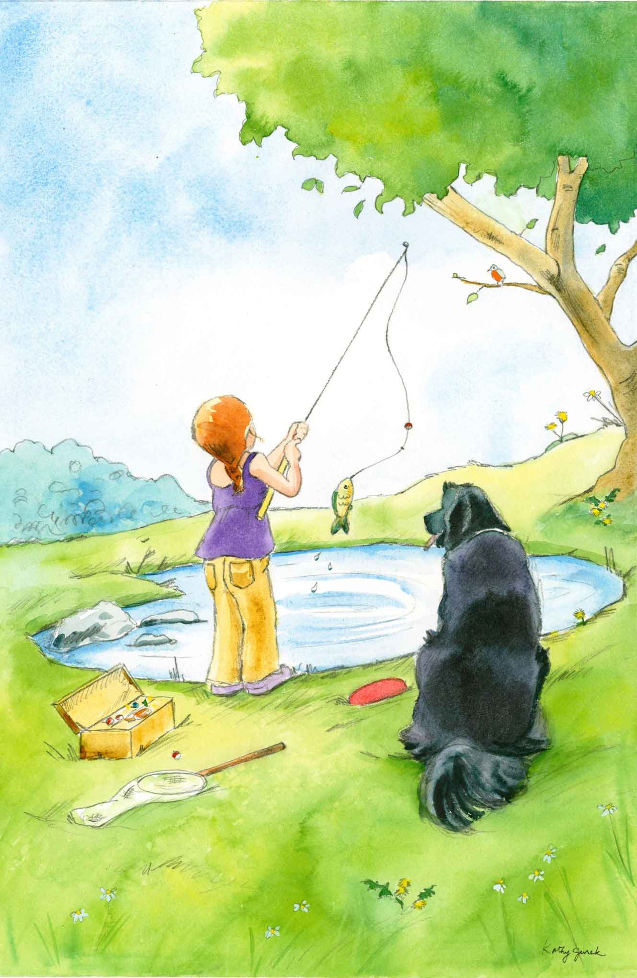 little girl fishing with newfoundland dog nursery art print