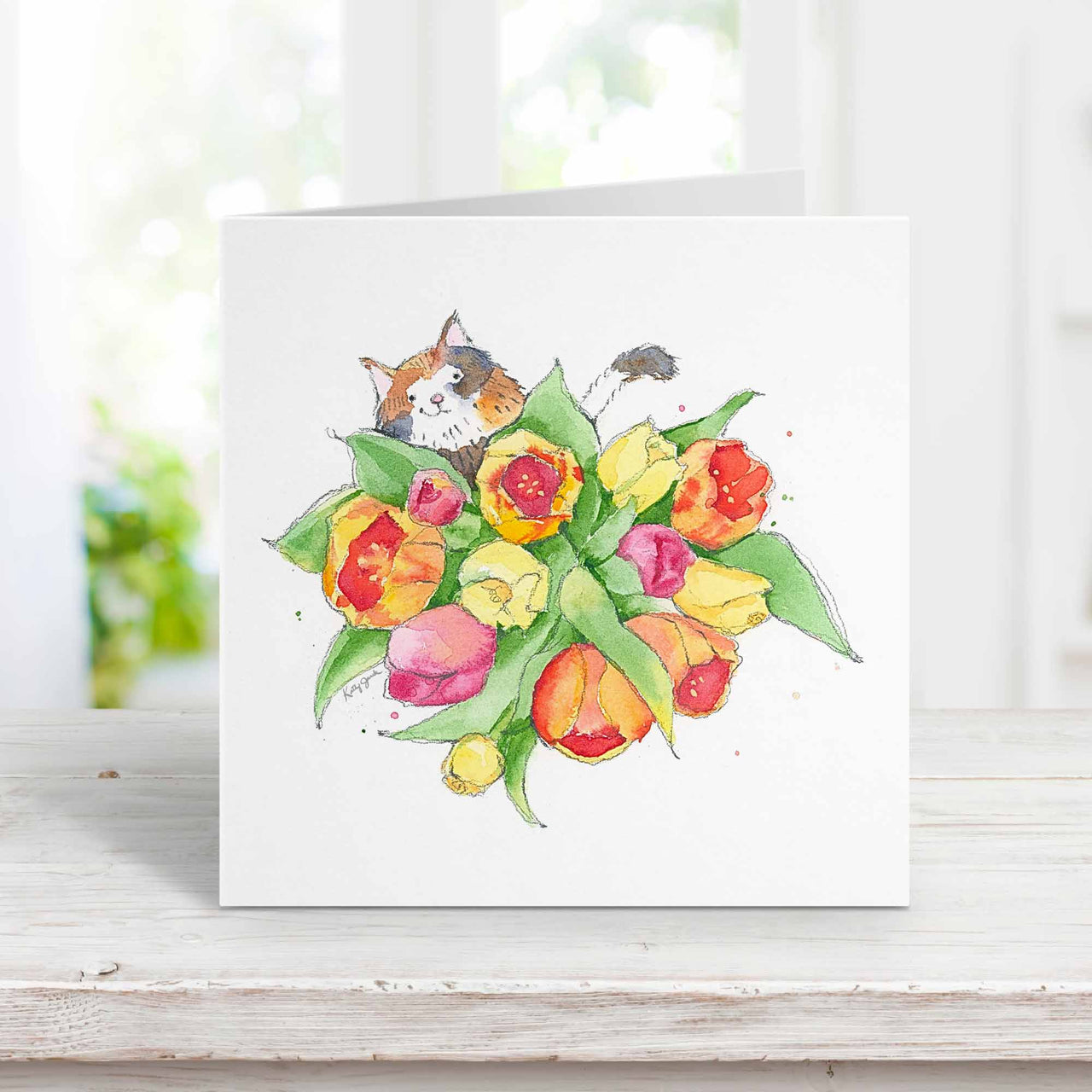 calico cat with flowers card