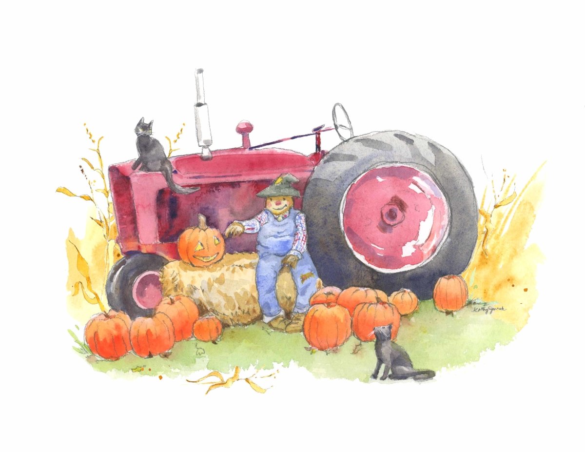 Red Tractor Print #5 (with Scarecrow and Pumpkins)