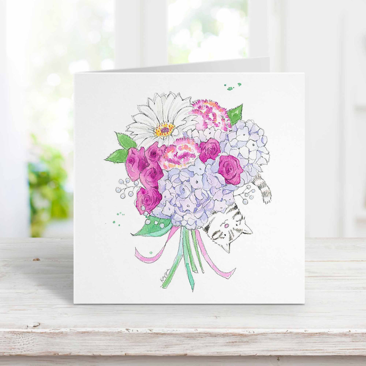 Gray striped cat with purple flowers card