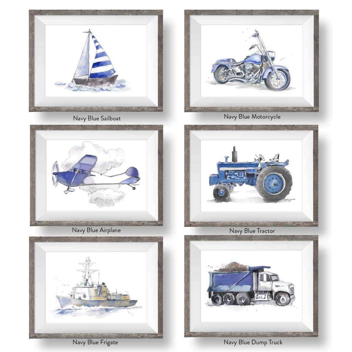 Navy Blue Transportation Vehicles Prints Set