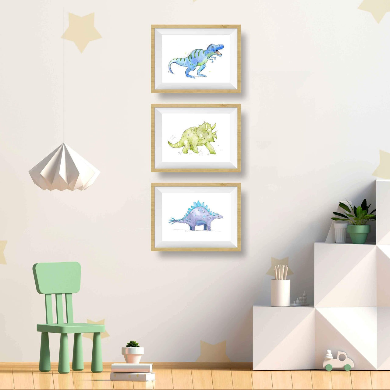 purple stegosaurus green triceratops and blue t rex art prints