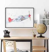 Thumbnail for P-51 Mustang Watercolor Print - Legendary WWII Fighter Kids Wall Decor