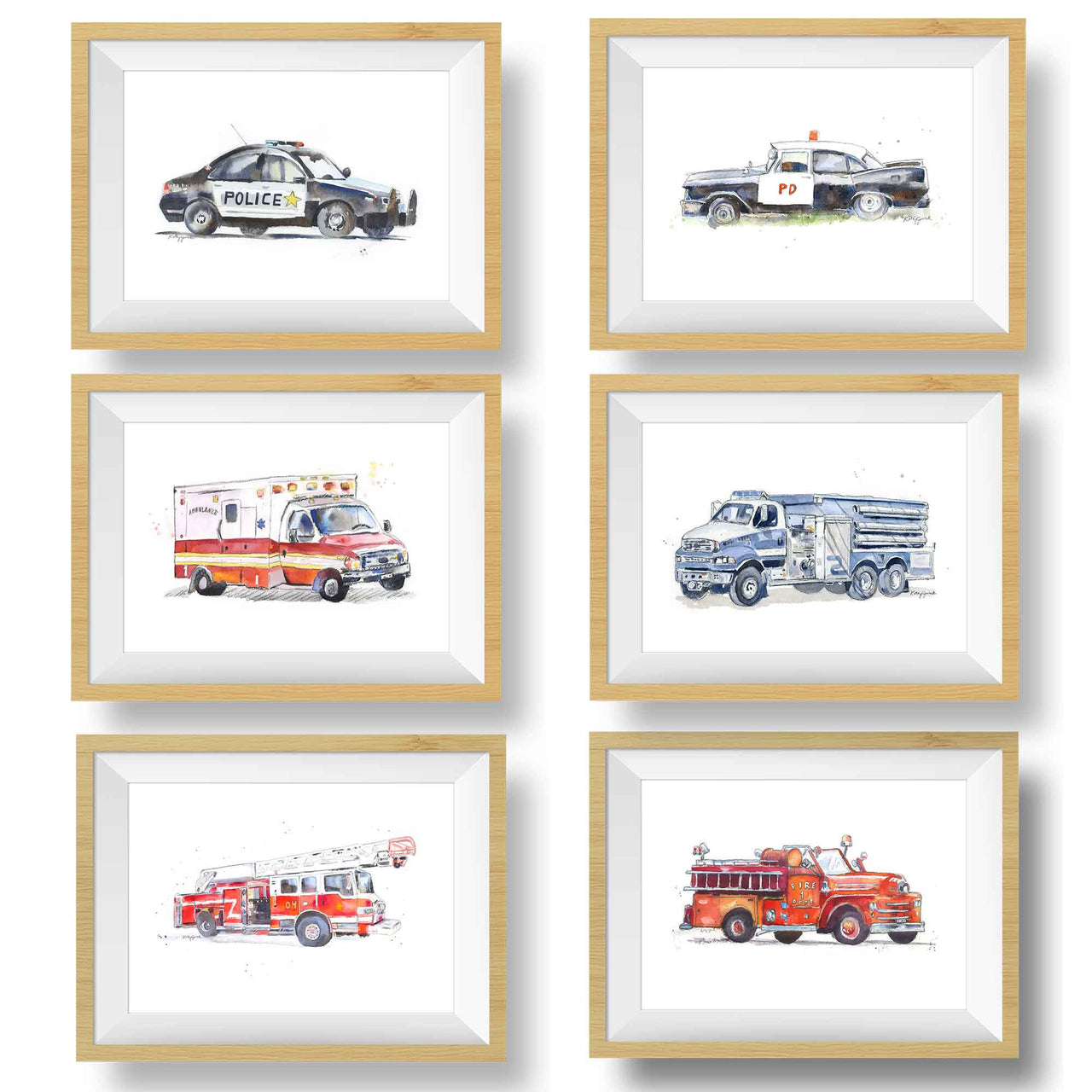 Rescue Vehicles Prints Set for Boys Rooms, Watercolor Wall Art, by Little  Splashes of Color