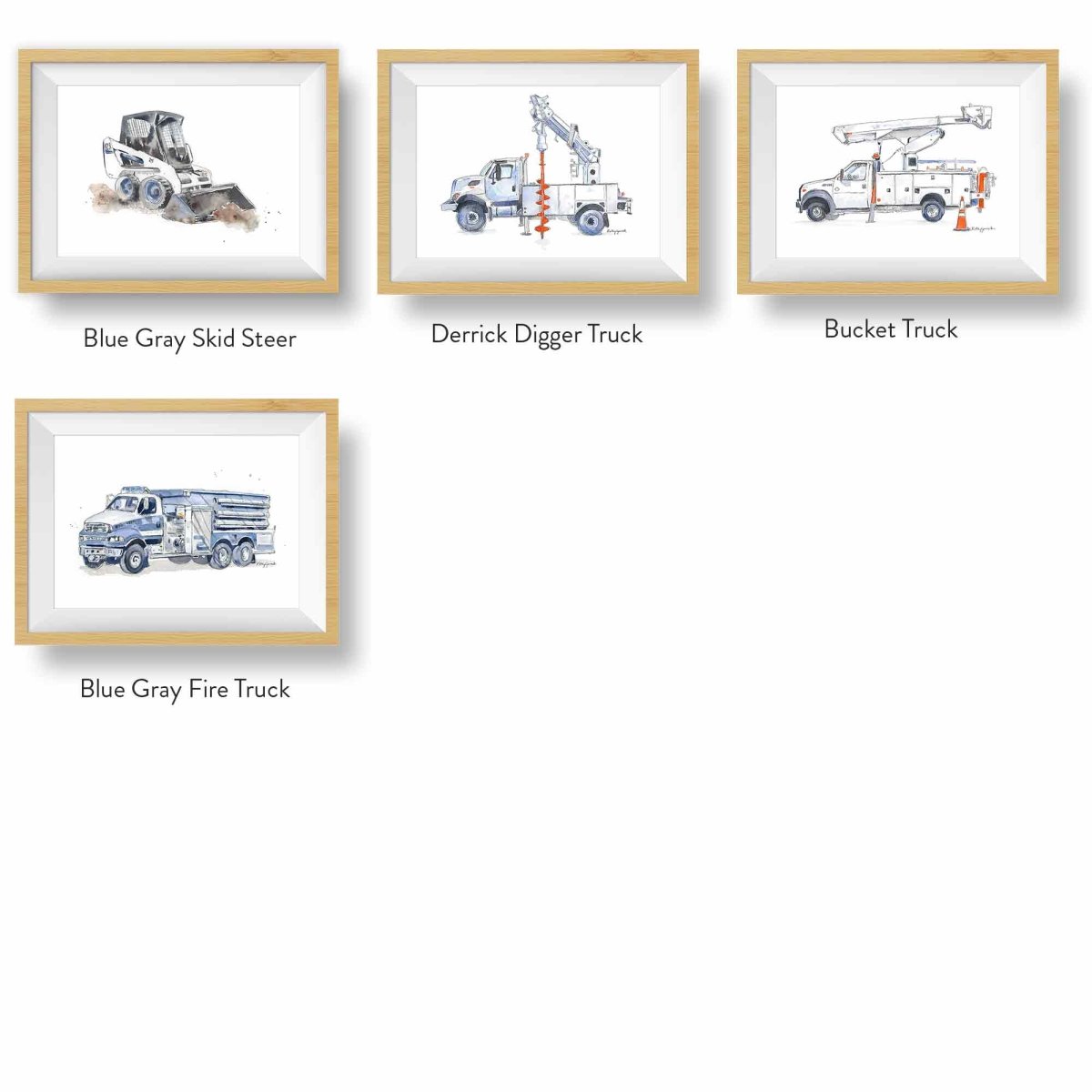 Blue Gray Construction Truck Prints Set