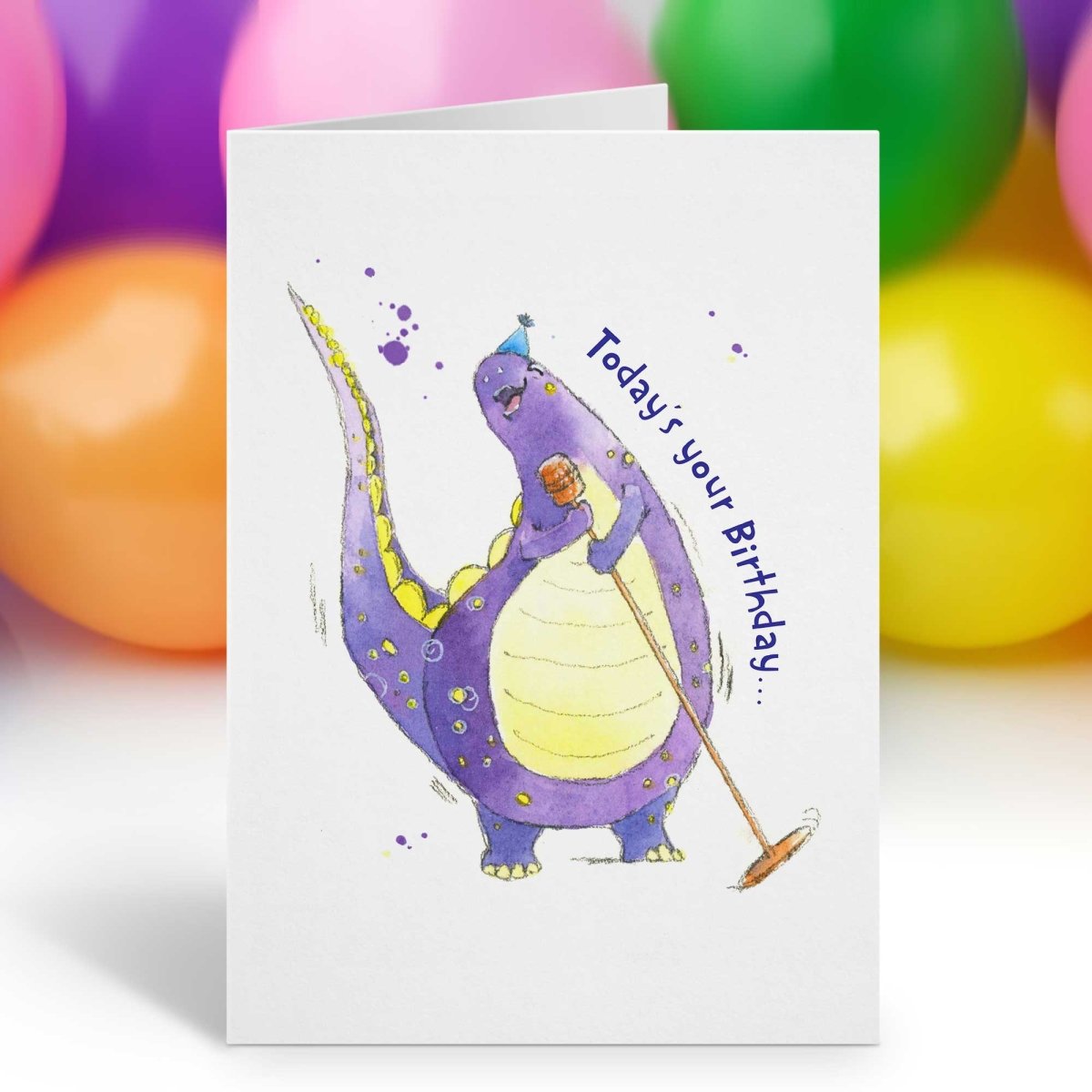 Kids' Purple Dinosaur Birthday Card - Fun Singing Dino Watercolor