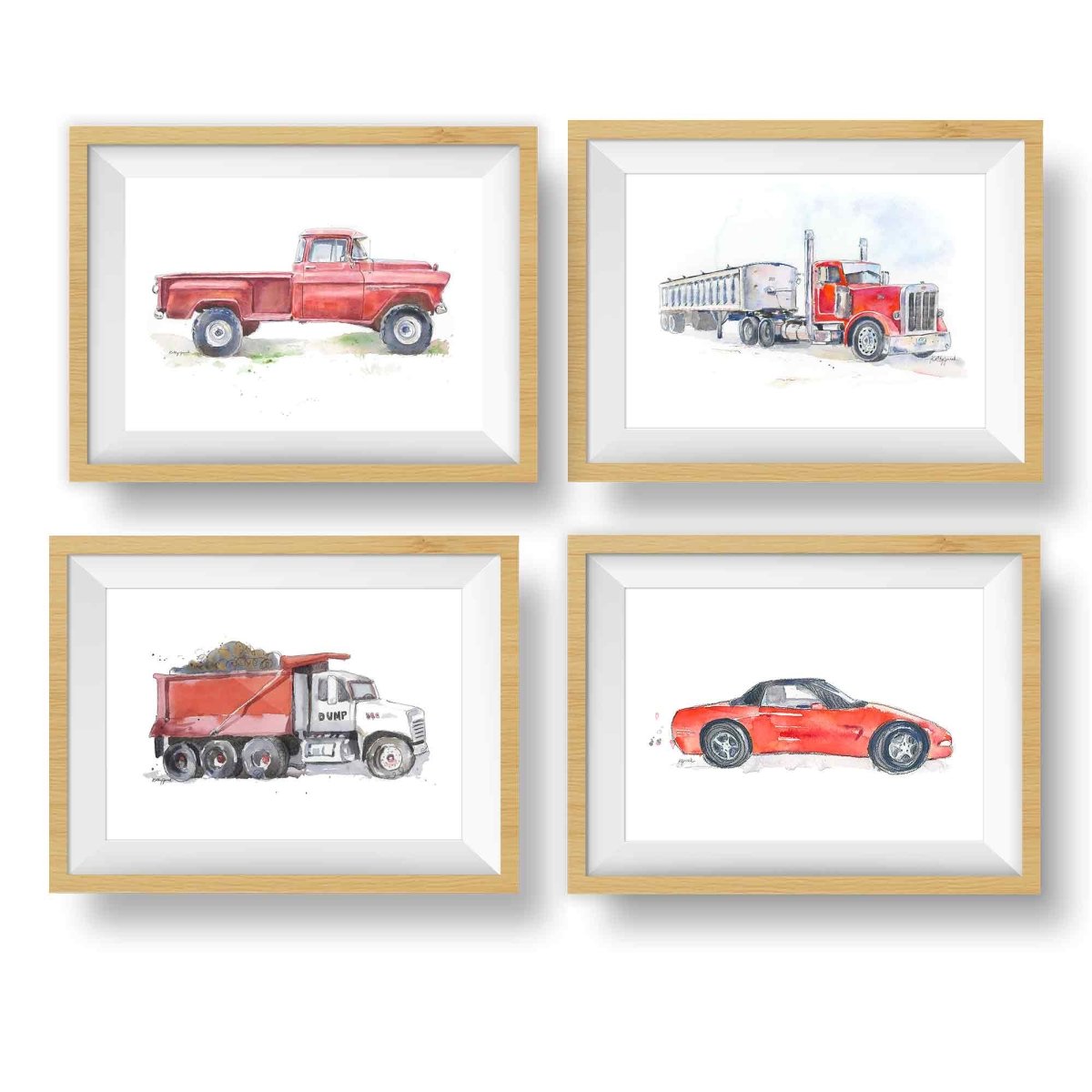 Red Transportation Vehicles Prints Set