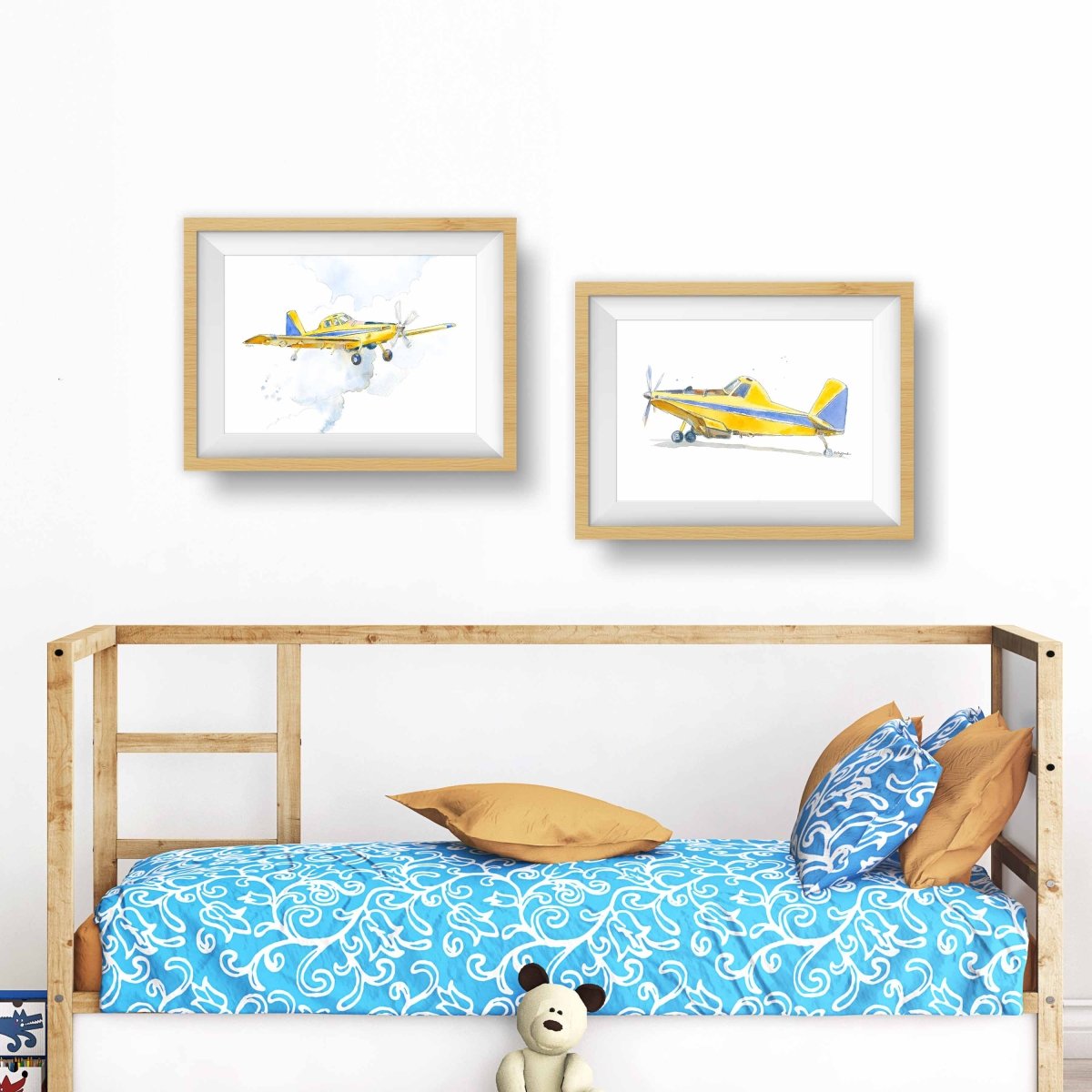 Yellow Crop Duster Watercolor Print - Classic Aviation Kids Room Wall Art