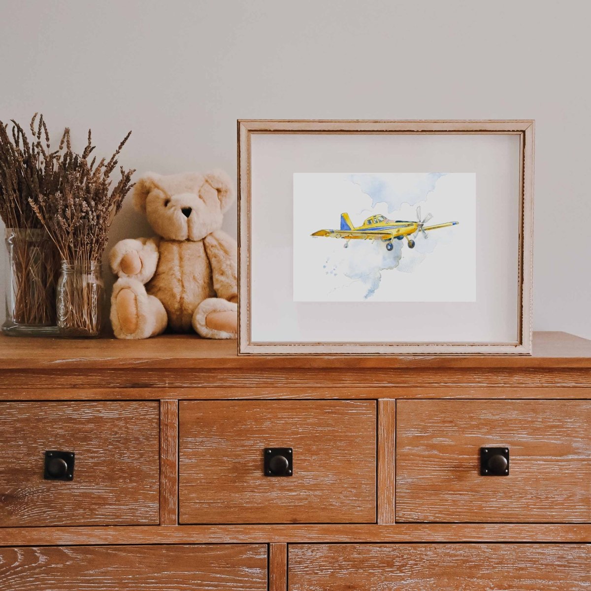 Yellow Crop Duster Watercolor Print - Classic Aviation Kids Room Wall Art