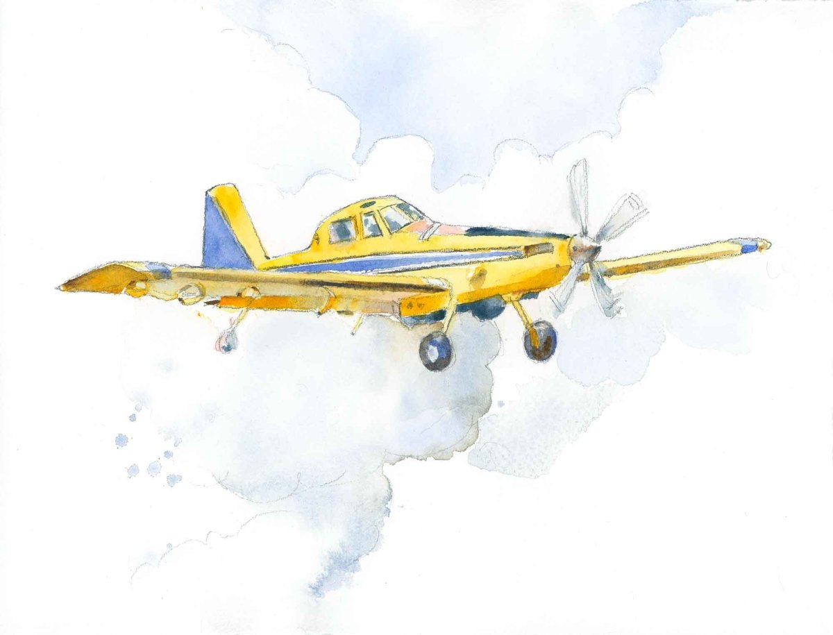 Yellow Crop Duster Watercolor Print - Classic Aviation Kids Room Wall Art